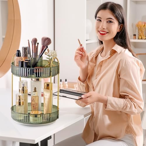Aveniee Rotating Makeup Organizer for Vanity, Upagraded Perfume Skincare Bathroom Counter Organizers with Brush Divider, 2 Tier Spinning Lipstick Cosmetic Lotion Storage,Green - Image 5