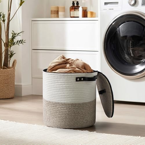 Storage Basket with Lid, 15"x13" Round Woven Blanket Storage for Living Room, Decorative Cotton Rope Hamper with Zipper Top, Wicker Basket with Lid, Floor Covered Kids Dog Toy Bin - Image 4