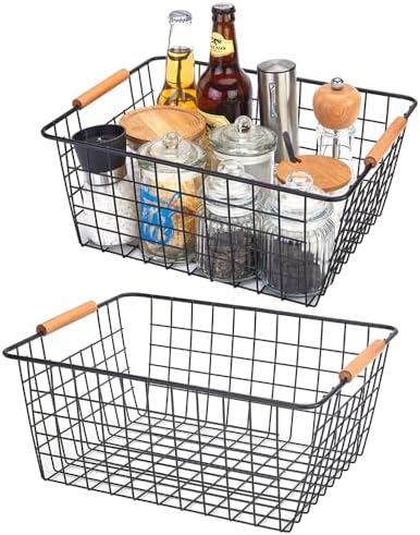 LeleCAT Large black wire basket for Organizing with Wooden Handles,pantry refrigerator organizers and storage,Snack Storage Baskets for Cabinets, Closets, Bedrooms, kitchen -2pack（Black） by HomeSpaceStorageBasket