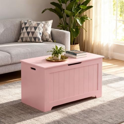 SUPER DEAL Storage Chest, 30 inches Chest Box Organizer with 2 Safety Hinges, Wooden Entryway Storage Bench, Pink - Image 2