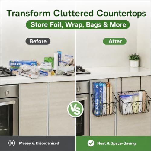 TOPZEA 2 Pack Grid Storage Baskets with Hooks, Metal Hanging Wire Basket Kitchen Over the Cabinet Door Organizer Caddy for Cutting Board, Kitchen Wrap, Foil, Cleaning Supplies, Bakeware, Towel - Image 5