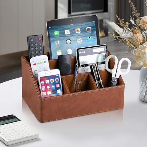 PU Leather Desk Organizer, Remote Control Holder (Brown) - Image 2