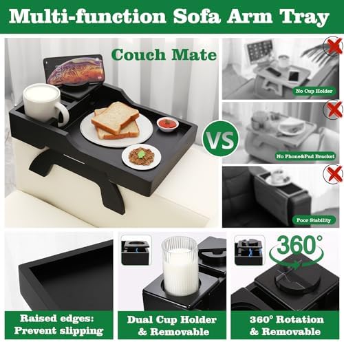 GHKINMAL Couch Cup Holder Tray, 15.4"x9.9" Large 4 in 1 Couch Arm Tray with 360°Rotated Phone Holder, Non-Slip Clip on Side Table for Drinks/Remote/Snacks, Ideal Gift for Husband, Wife, Parents - Image 3