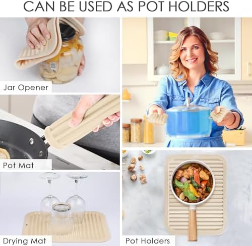 QPIX DIGITAL 4 Pack Beige Silicone Trivets For Hot Dishes, Large And Heat Resistant Silicone Pot Holder Hot Pads For Kitchen, 9x12 Trivet Mat For Hot Pots And Pans, Jar Opener, Drying Mat - Image 3