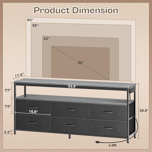 Huuger LED TV Stand for Bedroom, 55 Inch Fabric Dresser with Power Outlets, Entertainment Center for 60, 55, 50 Inch TV, 6 Drawer Dresser for Bedroom, Chest of Drawers with Shlef, PU Leather, Grey - Image 2