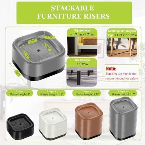 6 Pack Furniture Risers 1 Inch, Adjustable Bed Risers Heavy Duty for Table Desk Couch Chair Sofa Cabinet Bed Legs Dorm, Square Stackable Bed Raisers Blocks Lift Height 1", 2" or 3", Black - Image 2