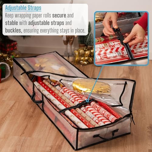 VENO Clear Wrapping Paper Organizer Storage Box for Christmas Gift Bags and Holiday Accessories, Underbed Storage Container with Interior Pockets, 40 Inches Long Fits 24 Rolls - Image 2