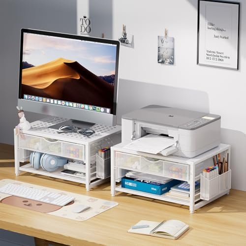 Marbrasse Metal Printer Stand for Desk with Storage Drawer and 2 Pen Holders, 2-Tier Desktop Organizer Printer Table for Home Office, Multi-Purpose Desk Organizer for Fax Machine Scanner Files(White) - Image 4