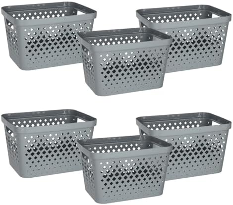Glad Plastic Storage Basket Set, Value Pack of 6 | Open Storage Bins for Shelves, Bathroom, Pantry, Closet | Nesting Organizer Boxes with Handles, 4 Gallon, Grey by Glad