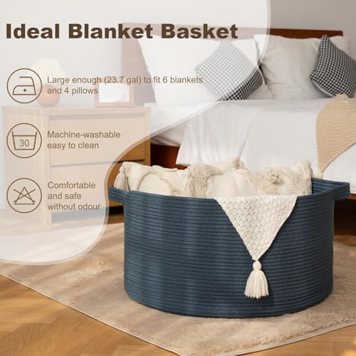 OIAHOMY 90L Extra Large Blanket Basket - Decorative Cotton Rope Storage Basket for Bedroom, Living Room & Nursery - Woven Laundry Hamper for Organizing Blankets, Clothes & Toys - Blue - Image 3