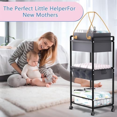 2IN1 Baby Diaper Caddy Organizer-3 Tier Rolling Storage Cart with Dividers - Image 2