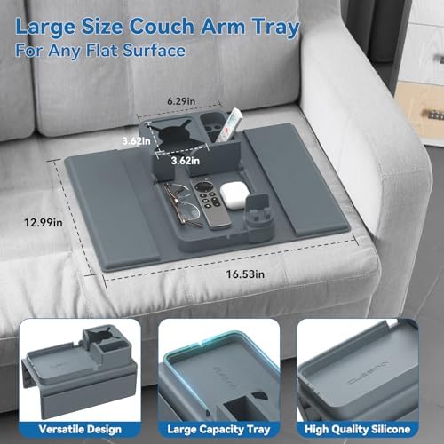Couch Arm Tray Silicone Couch Arm Cup Holder Wide Sofa Armrest Tray with Dual Side Pockets, 360° Swivel Phone Holder & Glass Slot, Anti-Slip Couch Drink Holder Caddy for Remote Tablet Magazine Blue - Image 4