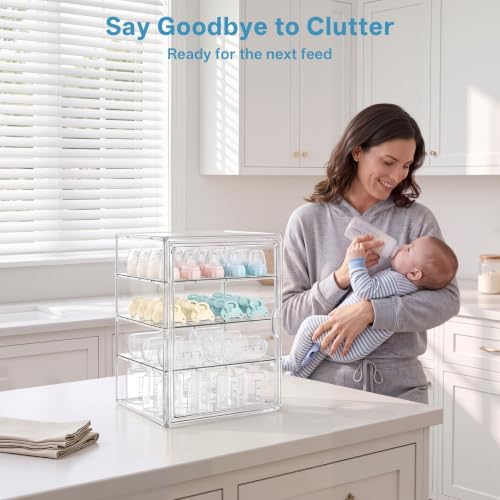 HBlife Baby Bottle Storage Organizer for Countertop Cabinet, 4 Tiers Adjustable Clear Acrylic Bottles Storage Station Case Box Container with 3 Removable Dividers and Magnetic Door, X-Large - Image 5