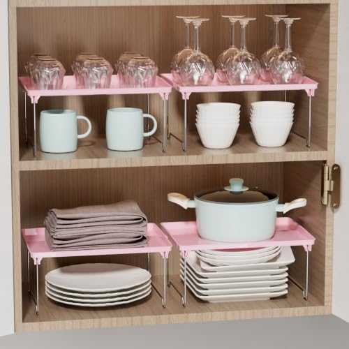 STARLATTA 2 Pcs Cabinet Organizer Shelf，Stackable Kitchen Counter Shelves, Spice Rack,Countertop Organizers，Pink Plastic Storage Shelves Rack for Makeup，Bathroom, Cupboard，Desk，Pantry Organization - Image 6