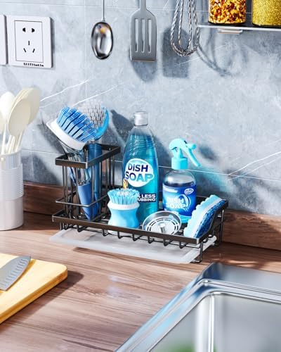 Consumest Sink Caddy, Kitchen Sponge Holder with Dish Brush Holder, Kitchen Sink Organizer with Drip Tray for Countertop Stainless Steel Rustproof, Black-Large - Image 3