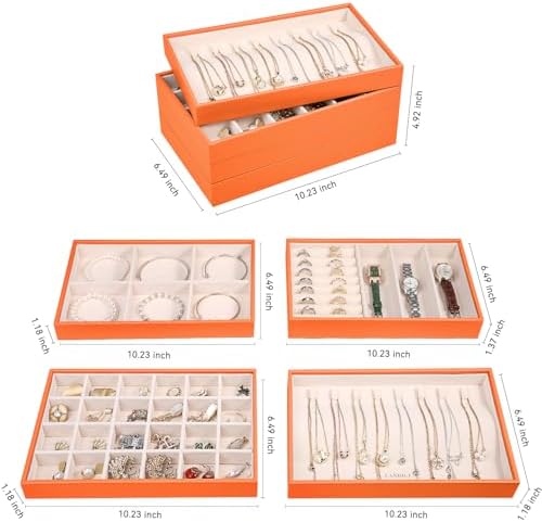 LANDICI 4-Piece Stackable PU Leather Jewelry Organizer Trays, Orange - Image 5
