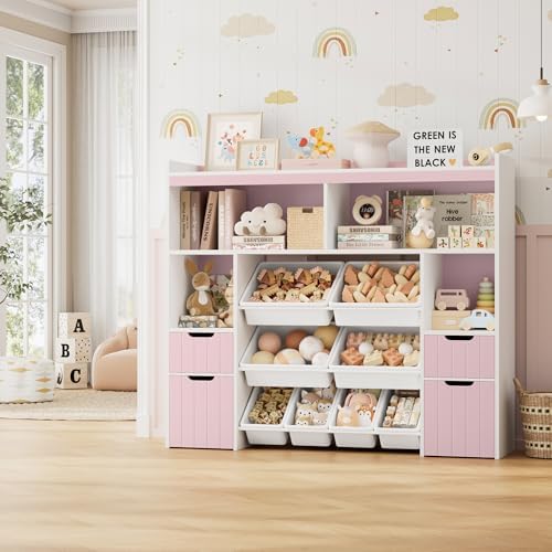 HORSTORS 55" W Toy Storage Organizer, Large Kids Bookshelf, Toy Box, Pink - Image 2