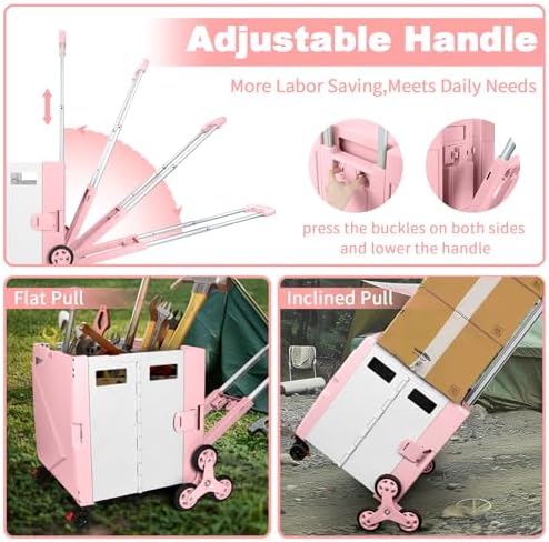 76L Folding Utility Cart Portable Rolling Crate Handcart Shopping Collapsible Tool Box with Stair Climbing Wheels,Hidden Lid,2 Rotate Wheels,for Grocery,Shopping,Office,Storage(Pink-White) - Image 4