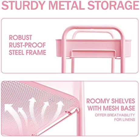TOOLF 3 Tier Metal Rolling Cart, Utility Storage Cart with Wheels, Pink - Image 2