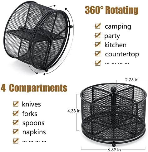 DysanVica 360° Rotating Metal Utensil Caddy - 4 Compartment Silverware Cutlery Holder Rotation Fork Spoon Napkin Organizer Flatware Storage Basket Party Countertop Buffet Picnic Camping Outdoor Black - Image 2