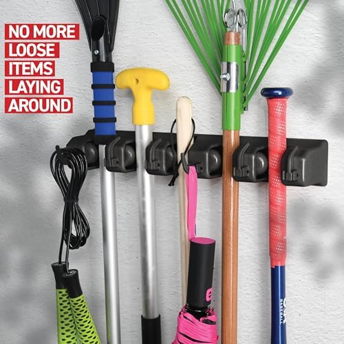 2 Pack Mop and Broom Holder Wall Mount Hanger, Heavy Duty, 5 Slots 4 Hooks - Image 2