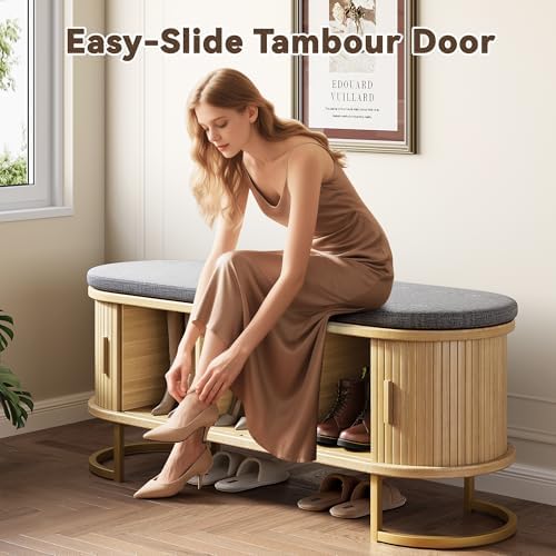Decofy Shoe Storage Bench with Cushion and Sliding Doors, 47.2 Inch Shoe Bench with Storage, Freestanding Entryway Bench with Storage, Sturdy Metal Feet, for Hallway & Entrance Hall, Oak - Image 4