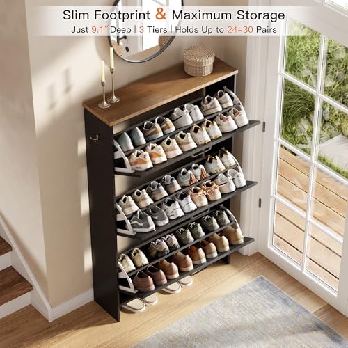 Nicetree Shoe Storage Organizer with 3 Flip Drawers, Freestanding Fluted Accent Narrow Shoe Rack, Farmhouse Shoe Cabinet with 3-Tier Adjustable Shelves for Hallway Foyer Rustic Black - Image 4