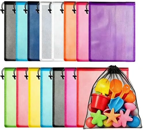 15 Pcs Mesh Bags Drawstring Laundry Beach Pool Toy Bag 13.8×15.7 In by ROOKEA