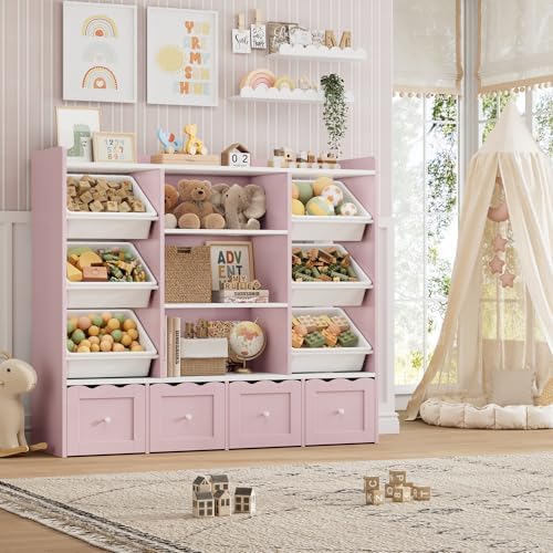HITHOS 55" W Kids Toy Storage Organizer with 10 Toy Box & Book Shelf, Pink by HITHOS