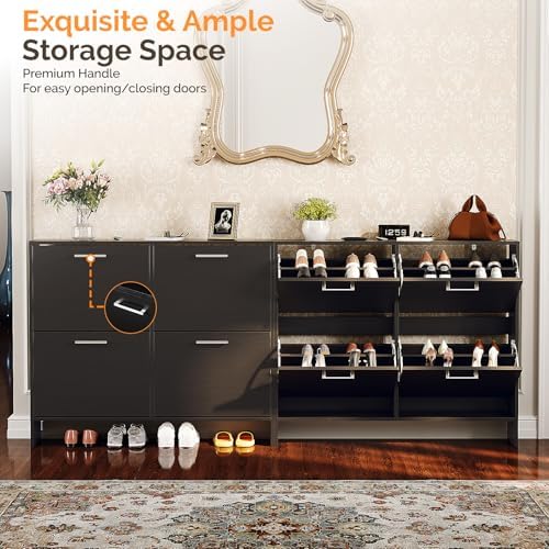 VINGLI Black Shoe Cabinet for Entryway, Ultra Slim Shoe Rack Storage with 4 Flip Drawers, Modern Narrow Shoe Organizer for Hallway, Hidden Sneaker Cupboard, 42 Inch Wide - Image 4