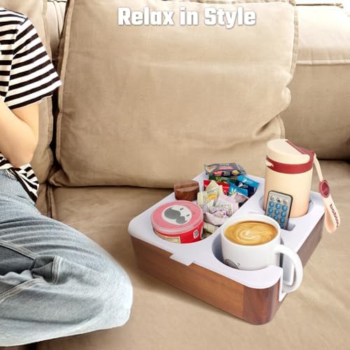 Couch Cup Holder Tray, Real Acacia Wooden Caddy with Soft Silicone, Snack and Drink Organizer- Perfect Movie Night Accessories for Bed, Remote and Cup Holders for Sofa (White) - Image 4