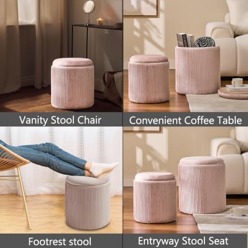 BLEXA Set of 2 Round Storage Ottoman, Velvet Pink Ottoman with Storage - Image 4