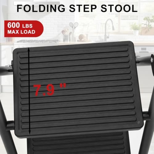 4 Step Ladder Folding 330lbs Anti Slip，Foldable Ergonomic with Wide Pedal for Home, Kitchen, Offic Matte Black - Image 4