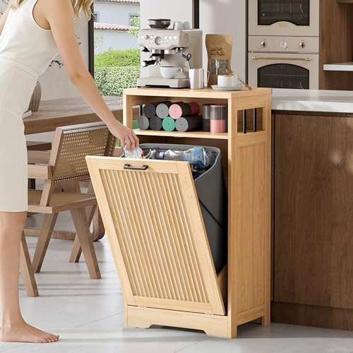 13 Gallon Tilt Out Trash Can Cabinet with Open Shelf & Storage - Pet Proof Hidden Recycling Cabinet & Wooden Laundry Hamper for Kitchen, Bathroom, Living Room,Natural Wood - Image 2