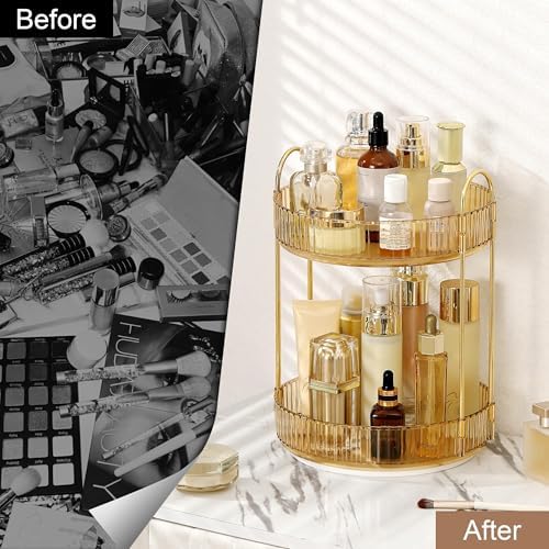 360 Rotating Makeup Organizer for Vanity, Bathroom Countertop Spinning Perfume Organizer, High-Capacity Cosmetic and Skincare Dresser Make Up Holder Rack (2 Tiers, Yellow) - Image 3