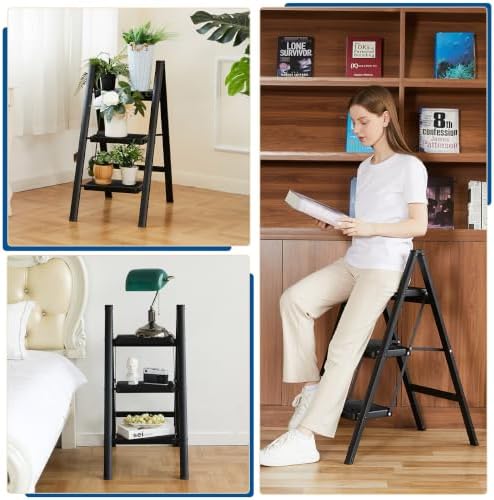 Double Elite Folding 3 Step Ladder, Sturdy Small Step Stool for Adults, Safer Full Steel Multi-use Kitchen Ladder for Home, Closet Step Stool Ladder with Wide Pedals, Black, 3-Step - Image 5