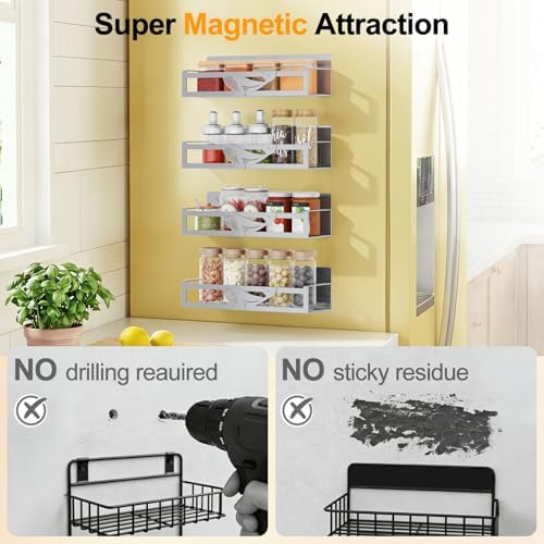 Magnetic Spice Rack for Refrigerator, 4 Pack Metal Magnetic Shelf Organizer for Fridge Side, Strong Spice Storage Rack for Kitchen, Gray - Image 5