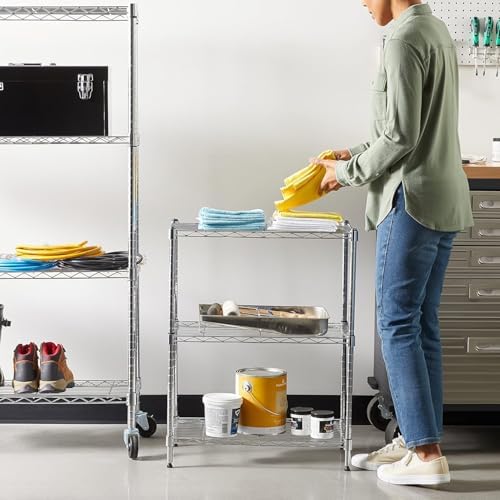 Amazon Basics 3-Shelf Adjustable Heavy Duty Steel Wire Shelving Rack with Chrome Finish, No-Tool Assembly, 250 lbs per Shelf, 23.2" L x 13.4" W x 30" H - Image 4