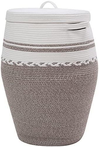 26"x20" Cottonphant Extra Large Tall Woven Laundry Basket with Lid, Cotton Rope Blanket Storage Basket, Freestanding Decorative Bin for Bedroom Living Room, Cream & Camel Marl by Cottonphant
