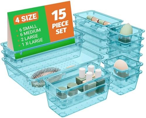 SpaceHacks 15 PCS Plastic Drawer Organizer Set, Drawer Storage Trays by SpaceHacks