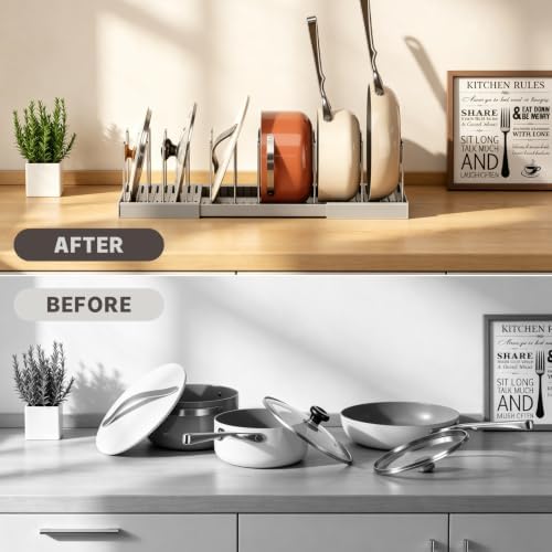 Magheo Pots and Pans Organizer Under Cabinet, Expandable 12.6"-22.8" Kitchen Cabinet Organizer Holder with 10 Adjustable Dividers for Food Storage Container Lid, Cookie Sheet, Cookware(1 Pack, Gray) - Image 5