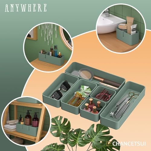 CHANCETSUI 6 PCS Stackable Drawer Organizers Set, Versatile Desk and Vanity Drawer Organizer Trays, Storage Bins for Makeup, Bathroom, Bedroom, Kitchen and Office, Green - Image 6
