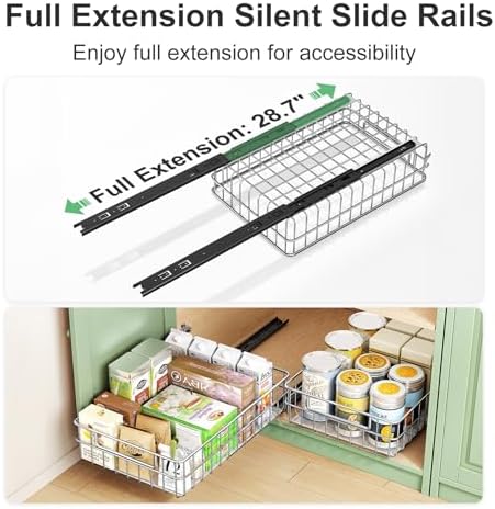 Pull out Cabinet Organizer, Stainless Steel 1-Pack (9.8"W x 16.5"D) Full-Extension Slide out Drawer, Adhesive Roll out Can Spice Storage Basket Shelf Rack for Pantry, Kitchen, Bathroom, Home Closet - Image 5