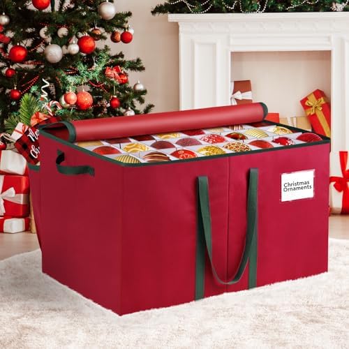 RoomHacks Christmas Ornament Storage Box, Store Up to 128 Ornaments, Christmas Storage Container, Dual Zipper & Adjustable, Large Organizer Bin to Protect and Store Holiday Ornaments (Red-2 Pack) - Image 7