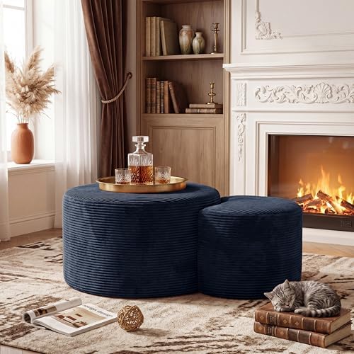 BSHOMGI Nesting Coffee Table Set of 2,Corduroy Ottoman Soft Foot Rest Movable LargePouf Footstool for Living Room Sofa Couch Bedroom Entryway and Small Spaces No Assembly (Blue, 32"+17") - Image 3