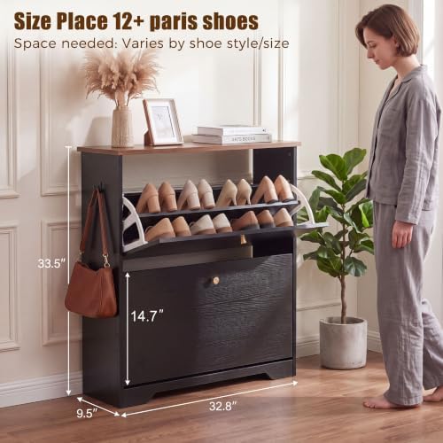 Nicetree 2 Flip‑Drawer Shoe Cabinet,Walnut Top,9.5" Deep, Light Black - Image 2