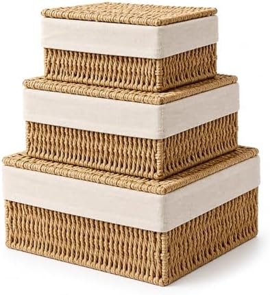Storage Baskets with Lids Set of 3, Woven Bins with Liner by Rattanzenith