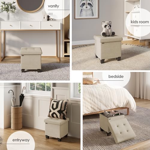 Storage Ottoman Cube with Small Bin, 15-in Square Ottoman with Storage for Living Room and Bedroom, Small Ottomans Foot Rest, Fabric Foot Stools Ottomans Max 330lbs, Beige - Image 4