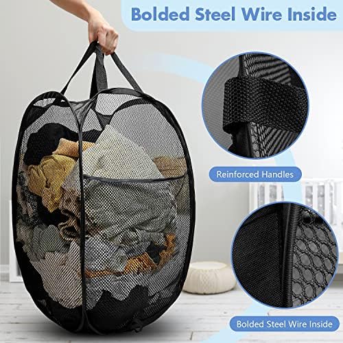 Pop Up Laundry Hamper, 70L Collapsible Mesh Basket with Side Pocket, Black - Image 3
