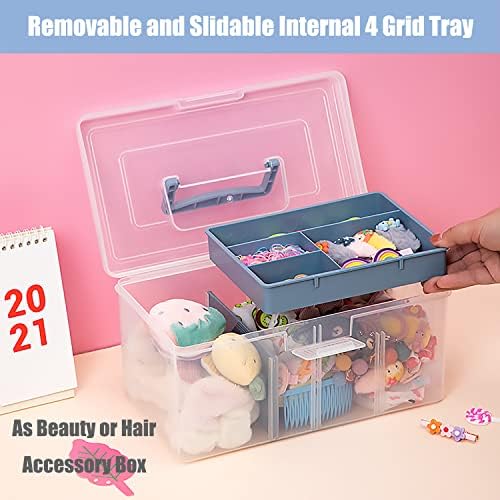 Clear Plastic Arts & Craft Supplies Organizer Box Large with a Removable Tray & A Partition & Handle, Office Home School Desktop Stationery Storage Box, Medicine Box (Clear & Ocean Blue) - Image 4